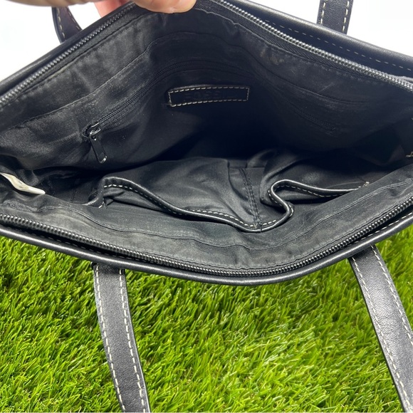 Fossil Black Leather Monogrammed Fabric Canvas Small Tote Satchel Handbag Purse - Picture 8 of 14